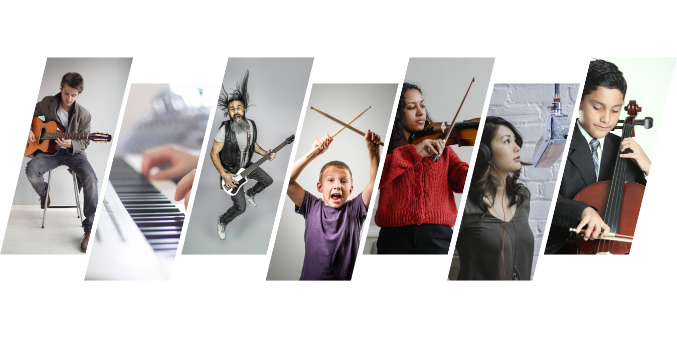 Music students and instruments collage